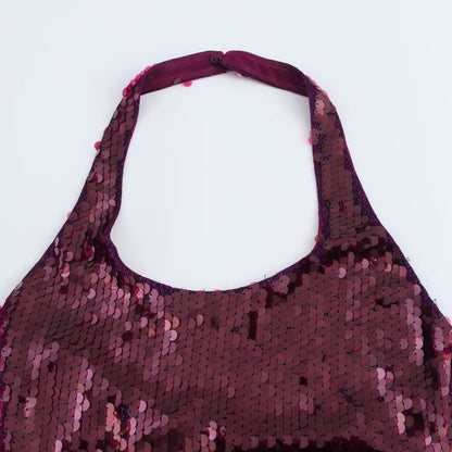 BORDEAUXFARBENES PAILETTEN-HALTERNECK-KLEID