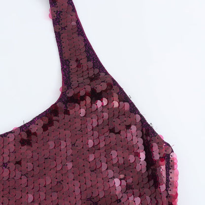 BORDEAUXFARBENES PAILETTEN-HALTERNECK-KLEID