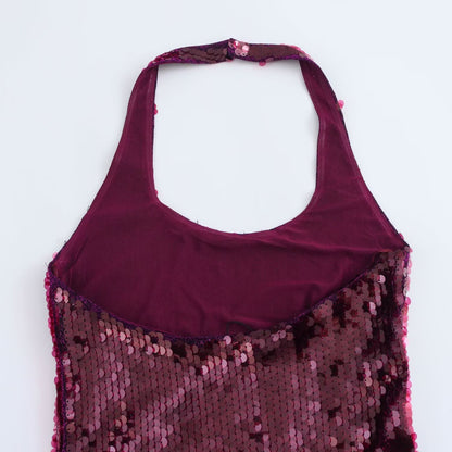 BORDEAUXFARBENES PAILETTEN-HALTERNECK-KLEID